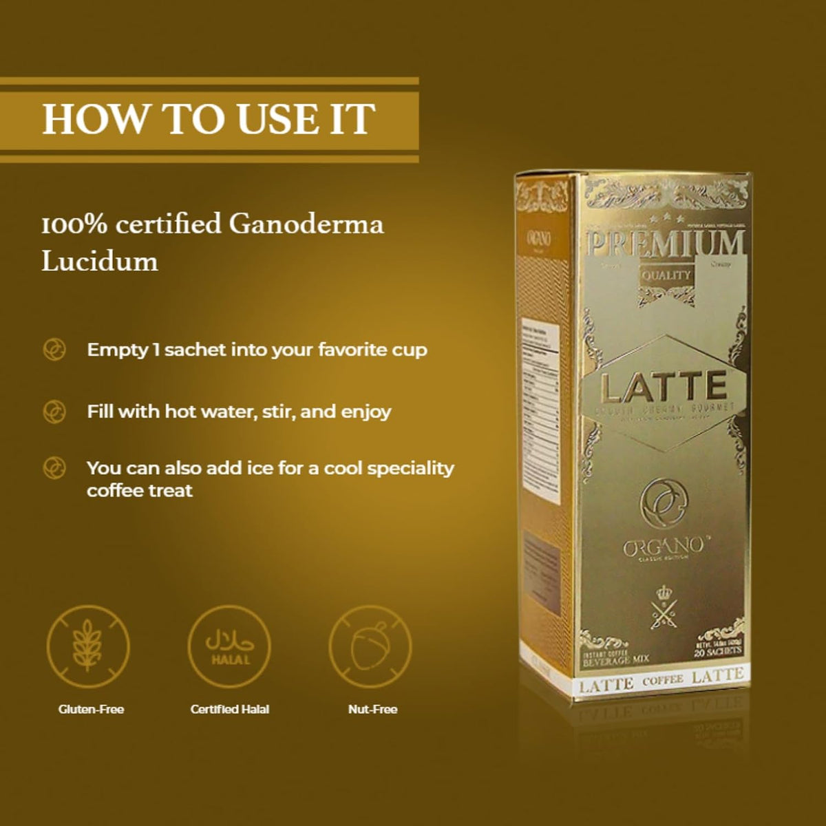 ORGANO Gourmet Cafe Latte, 100% Certified Ganoderma Lucidum (20 Sachets)