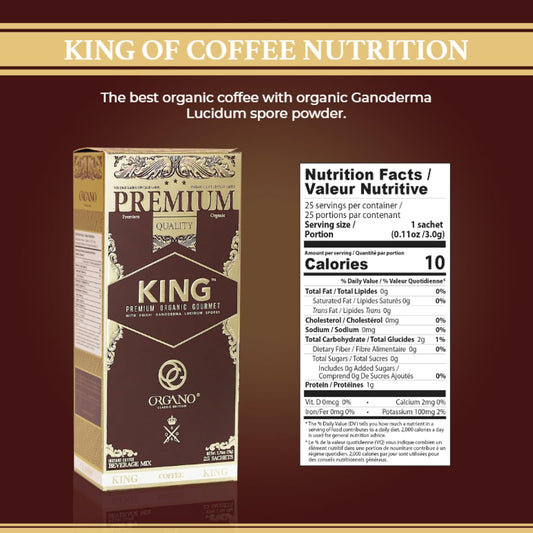 ORGANO King of Coffee, 100% Certified Ganoderma Lucidum spore powder (25 Sachets) EcoCert certified organic.