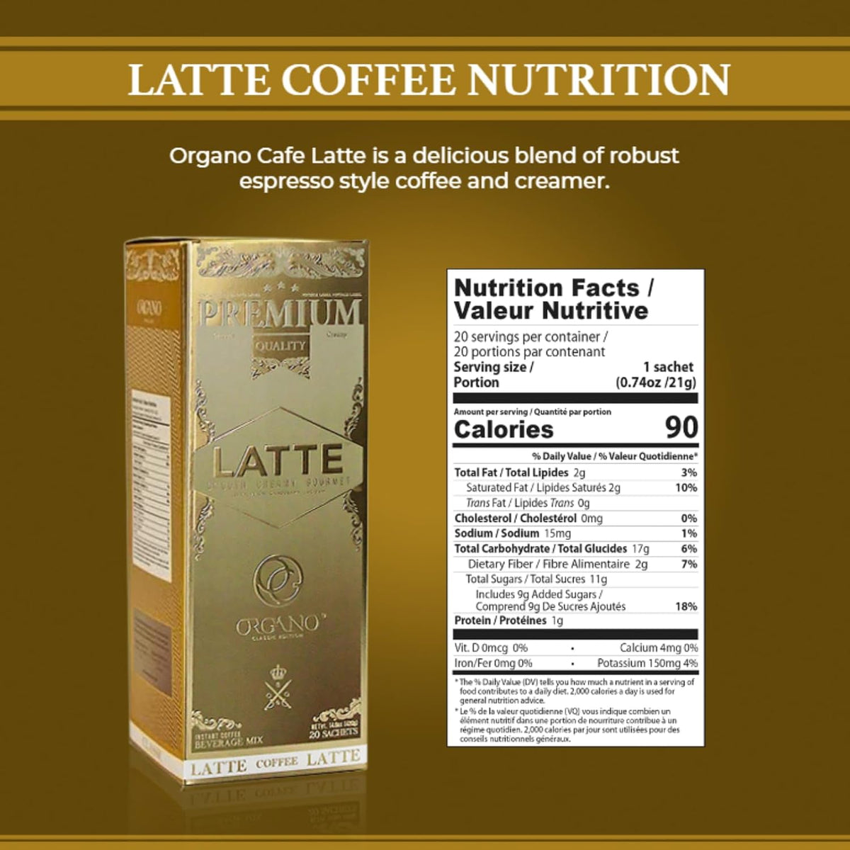 ORGANO Gourmet Cafe Latte, 100% Certified Ganoderma Lucidum (20 Sachets)