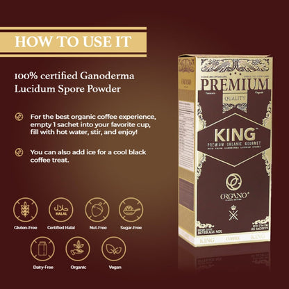 ORGANO King of Coffee, 100% Certified Ganoderma Lucidum spore powder (25 Sachets) EcoCert certified organic.